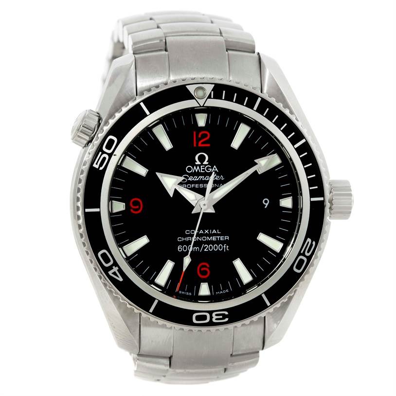 The image shows a front view of the Omega Planet Ocean 2201.51.00 Men's Stainless Steel Black Dial 2201.51.00 Men's Stainless Steel Black Dial watch, highlighting the face, bezel, and stainless steel bracelet.