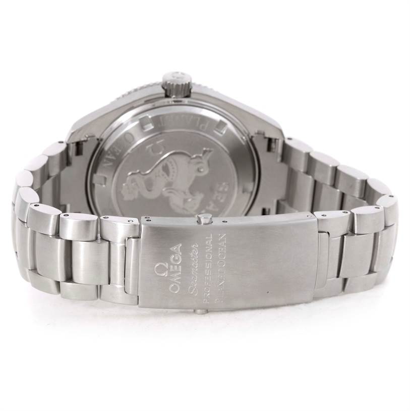 The image shows the back case and stainless steel bracelet of the Omega Planet Ocean 2201.51.00 Men's Stainless Steel Black Dial 2201.51.00 Men's Stainless Steel Black Dial watch, highlighting the clasp and caseback.