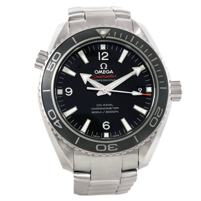 The image shows a frontal view of the Omega Planet Ocean 232.30.42.21.01.001 Men
s Stainless Steel Black Dial 232.30.42.21.01.001 Men
s Stainless Steel Black Dial watch, displaying the face, bezel, crown, and part of the metal strap.