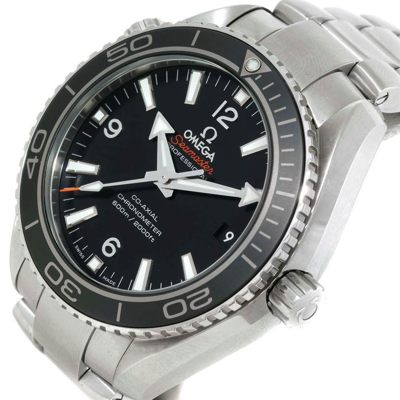 The image shows an Omega Planet Ocean 232.30.42.21.01.001 Men
s Stainless Steel Black Dial 232.30.42.21.01.001 Men
s Stainless Steel Black Dial Seamaster watch, angled to display the dial, bezel, and part of the stainless steel bracelet.