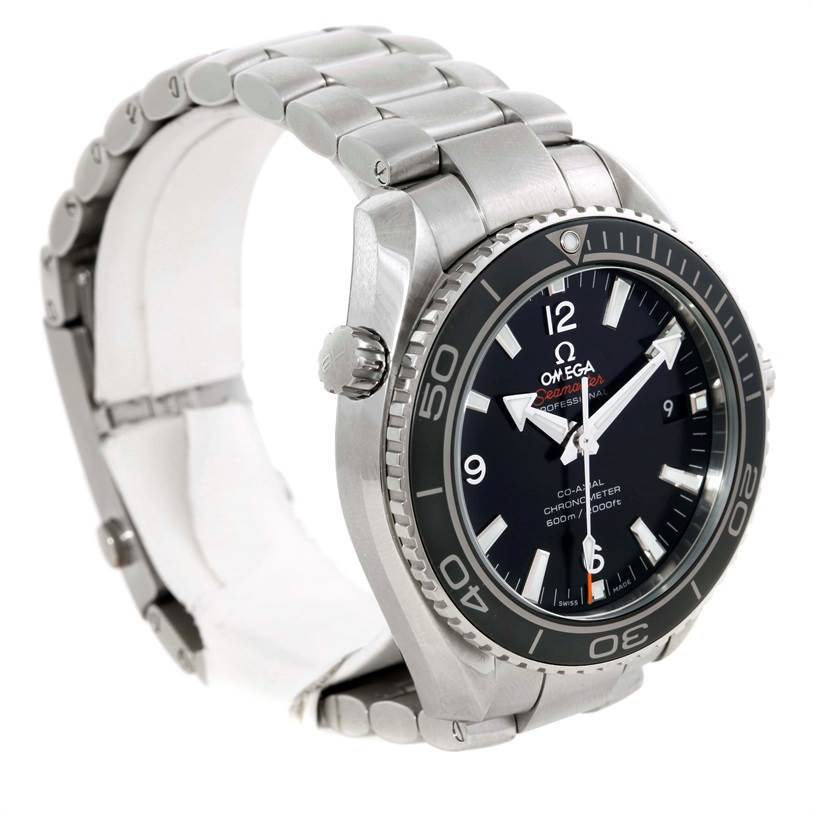 The image shows the front and side view of the Omega Planet Ocean 232.30.42.21.01.001 Men
s Stainless Steel Black Dial 232.30.42.21.01.001 Men
s Stainless Steel Black Dial watch, focusing on the dial, bezel, crown, and metal bracelet.