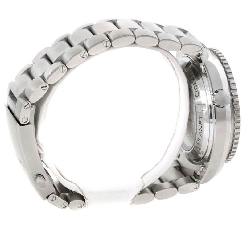 The Omega Planet Ocean 232.30.42.21.01.001 Men
s Stainless Steel Black Dial 232.30.42.21.01.001 Men
s Stainless Steel Black Dial watch is shown from an angled side view, highlighting the bracelet and part of the caseback.