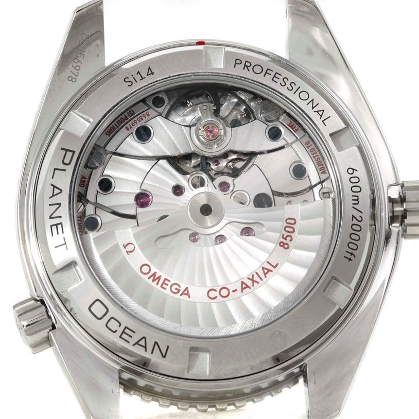 This image shows the back of the Omega Planet Ocean 232.30.42.21.01.001 Men
s Stainless Steel Black Dial 232.30.42.21.01.001 Men
s Stainless Steel Black Dial watch, highlighting the inner movement and "Si14" and "OMEGA CO-AXIAL 8500" engravings.