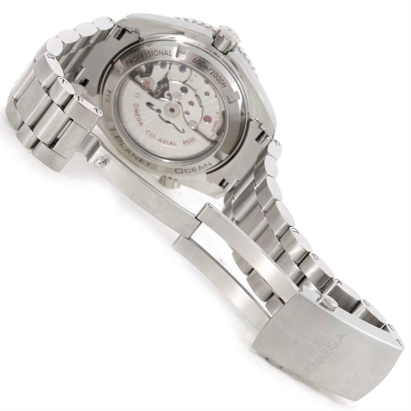 The image shows the back case, visible movement, and metal bracelet of the Omega Planet Ocean 232.30.42.21.01.001 Men
s Stainless Steel Black Dial 232.30.42.21.01.001 Men
s Stainless Steel Black Dial watch from a rear angle.