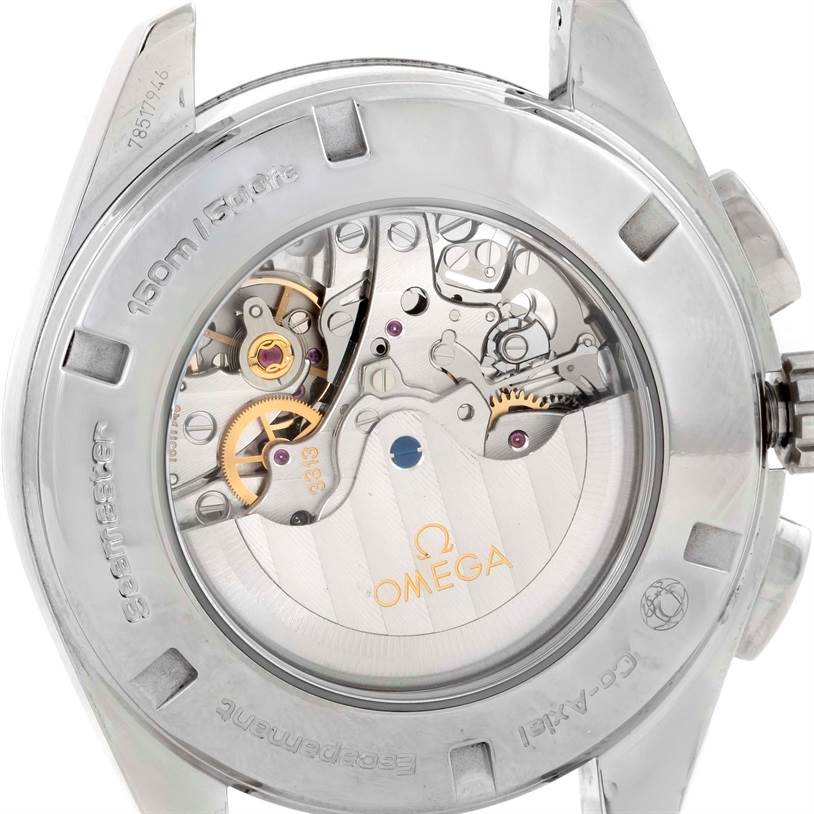 The image shows the back of an Omega Aqua Terra 231.10.44.50.04.001 Men's Stainless Steel White Dial 231.10.44.50.04.001 Men's Stainless Steel White Dial watch, revealing its internal mechanical movement.