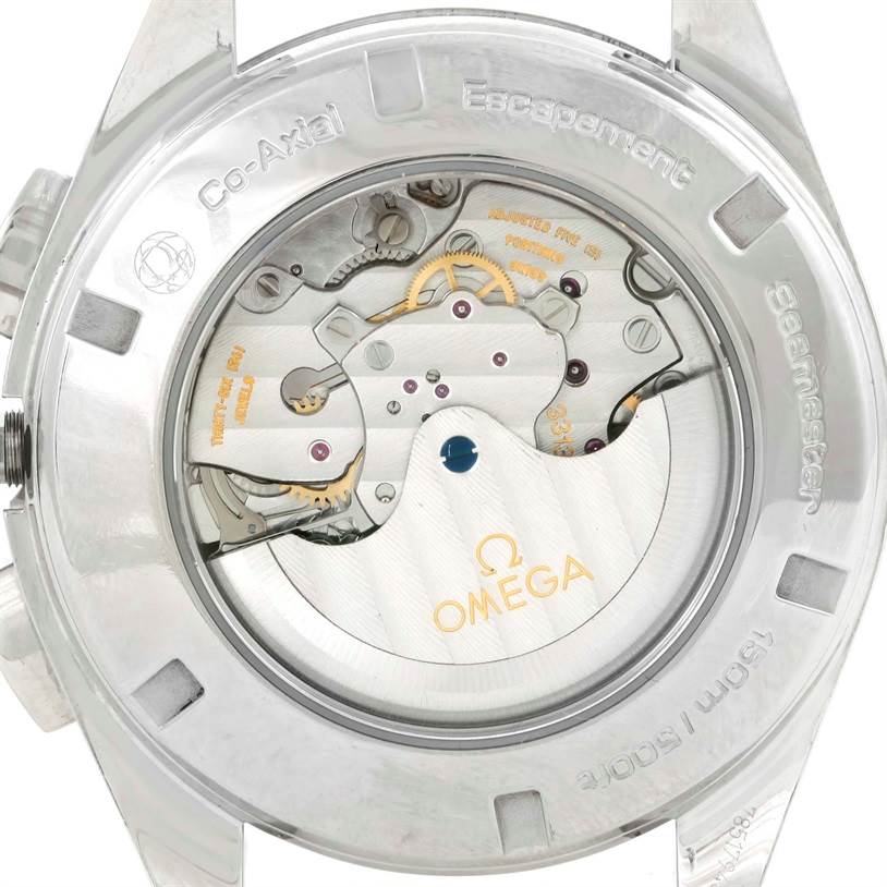 This image shows the back view of an Omega Aqua Terra 231.10.44.50.04.001 Men's Stainless Steel White Dial 231.10.44.50.04.001 Men's Stainless Steel White Dial watch, highlighting the exposed movement and engravings.