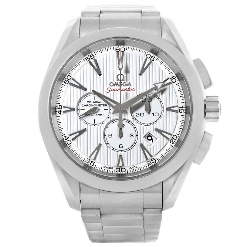 The image shows a front view of the Omega Seamaster Aqua Terra watch, highlighting the dial, hands, subdials, and bracelet.