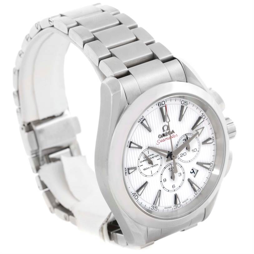 The Aqua Terra model by Omega is shown from an oblique angle, displaying the face, bezel, crown, and bracelet.