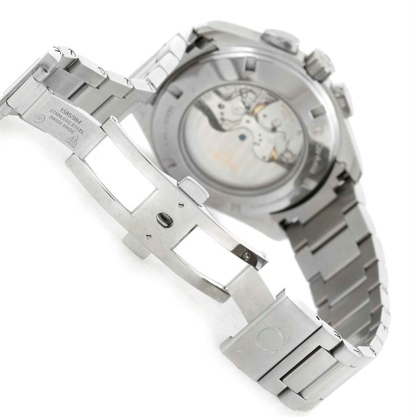 The image shows the back of the Omega Aqua Terra 231.10.44.50.04.001 Men's Stainless Steel White Dial 231.10.44.50.04.001 Men's Stainless Steel White Dial watch with an open stainless steel bracelet and view of the movement through the caseback.