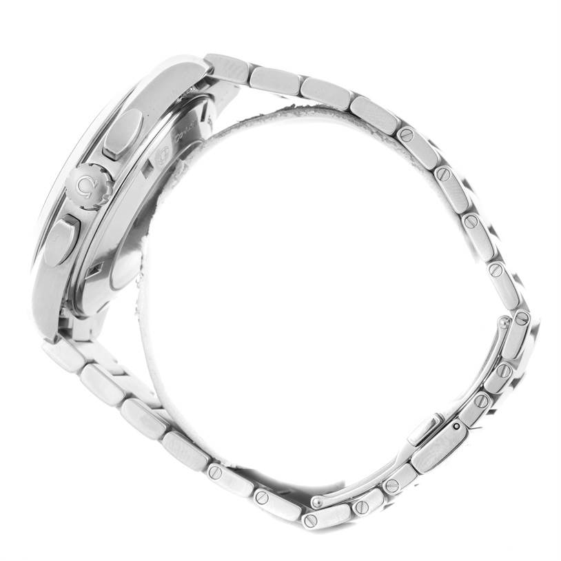 The image shows a side view of the Omega Aqua Terra 231.10.44.50.04.001 Men's Stainless Steel White Dial 231.10.44.50.04.001 Men's Stainless Steel White Dial, highlighting the case side, crown, and metal bracelet.