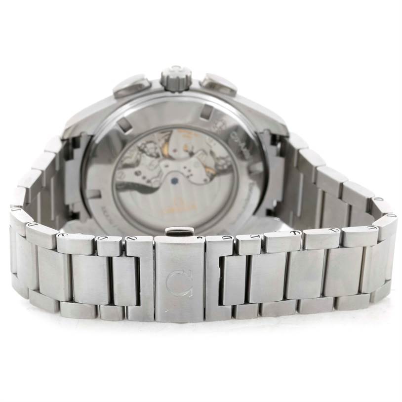 The image shows the back view of an Omega Aqua Terra 231.10.44.50.04.001 Men's Stainless Steel White Dial 231.10.44.50.04.001 Men's Stainless Steel White Dial watch, highlighting the metal bracelet and exposed movement through the case back.