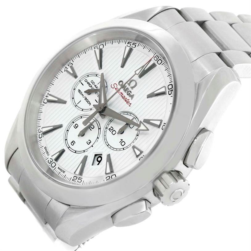 The image shows a tilted side view of the Omega Aqua Terra 231.10.44.50.04.001 Men's Stainless Steel White Dial 231.10.44.50.04.001 Men's Stainless Steel White Dial watch, highlighting its face, crown, pushers, and bracelet.