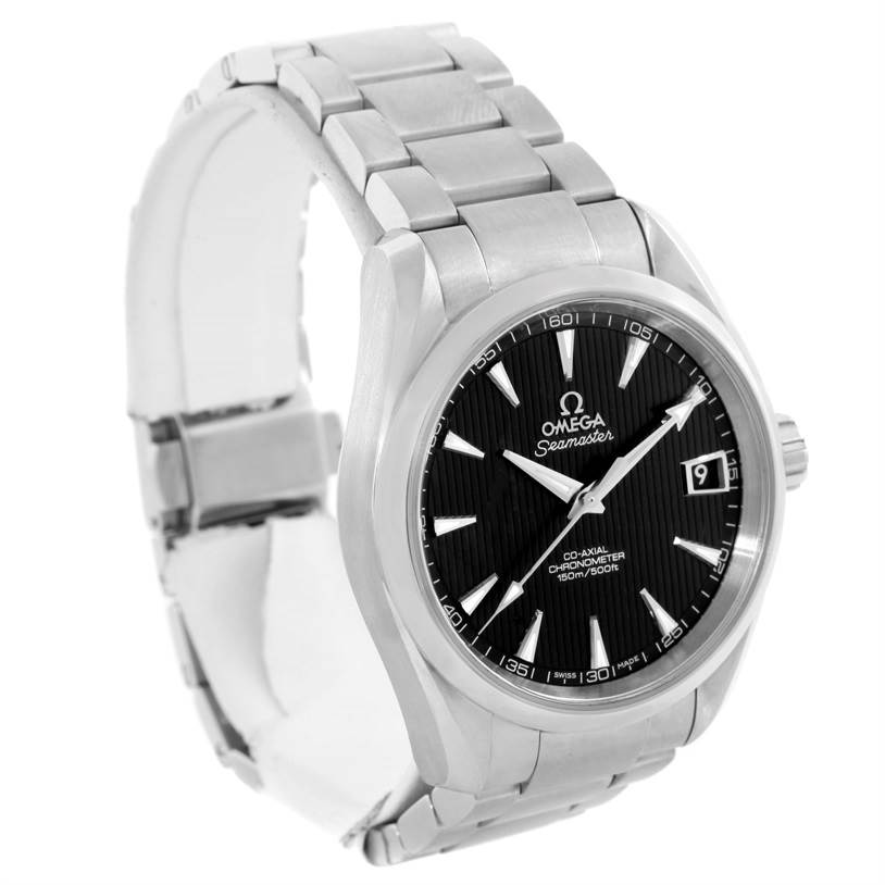 The image shows an Omega Aqua Terra 231.10.39.21.01.001 Men
s Stainless Steel Black Dial 231.10.39.21.01.001 Men
s Stainless Steel Black Dial watch from a frontal three-quarters angle, highlighting its black dial and metal bracelet.