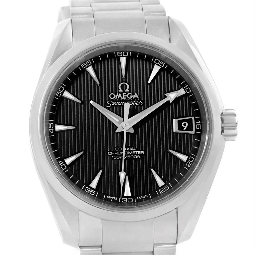 The image shows a front view of the Omega Aqua Terra 231.10.39.21.01.001 Men
s Stainless Steel Black Dial 231.10.39.21.01.001 Men
s Stainless Steel Black Dial watch, highlighting its black dial, date window, and stainless steel bracelet.