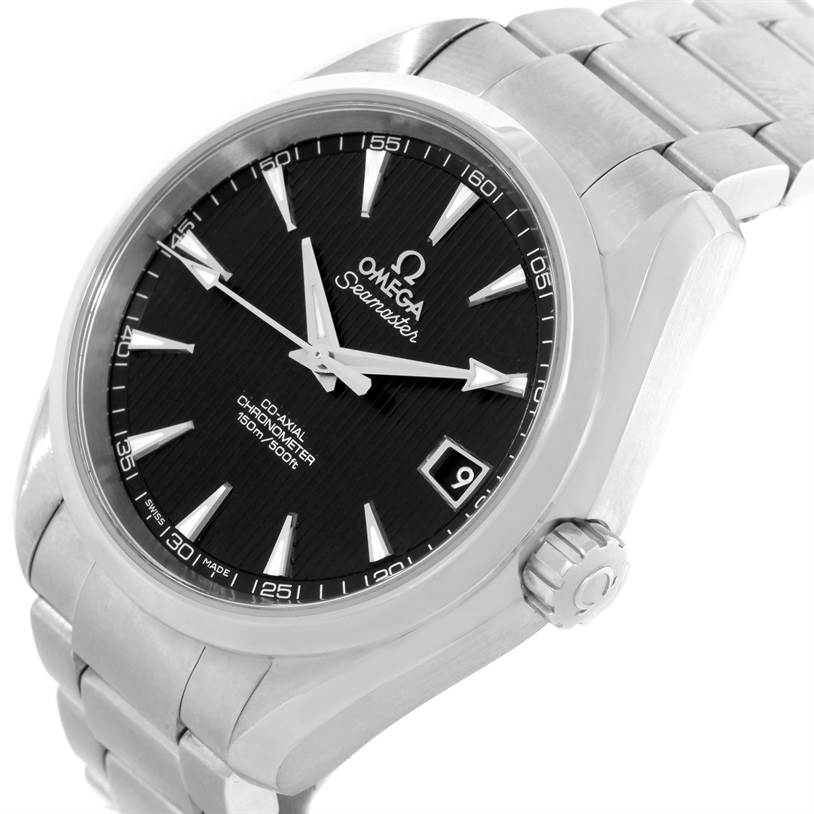 The image shows an Omega Aqua Terra 231.10.39.21.01.001 Men
s Stainless Steel Black Dial 231.10.39.21.01.001 Men
s Stainless Steel Black Dial Seamaster watch angled to display the dial, crown, and part of the bracelet.