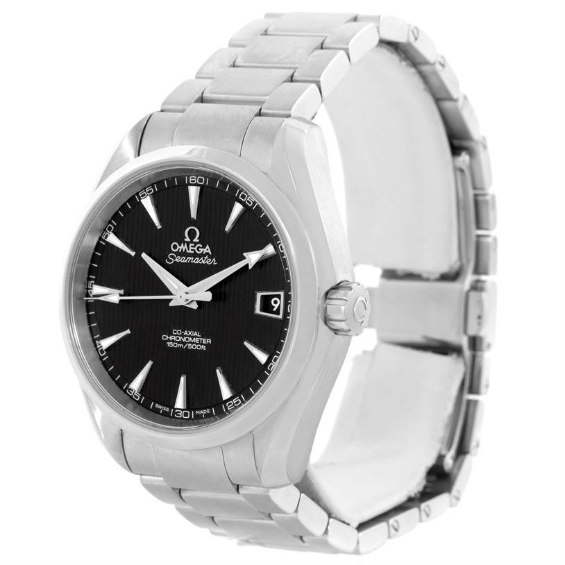 The Omega Aqua Terra 231.10.39.21.01.001 Men
s Stainless Steel Black Dial 231.10.39.21.01.001 Men
s Stainless Steel Black Dial watch is shown from a 3/4 front angle, highlighting its face, bezel, and stainless steel bracelet.