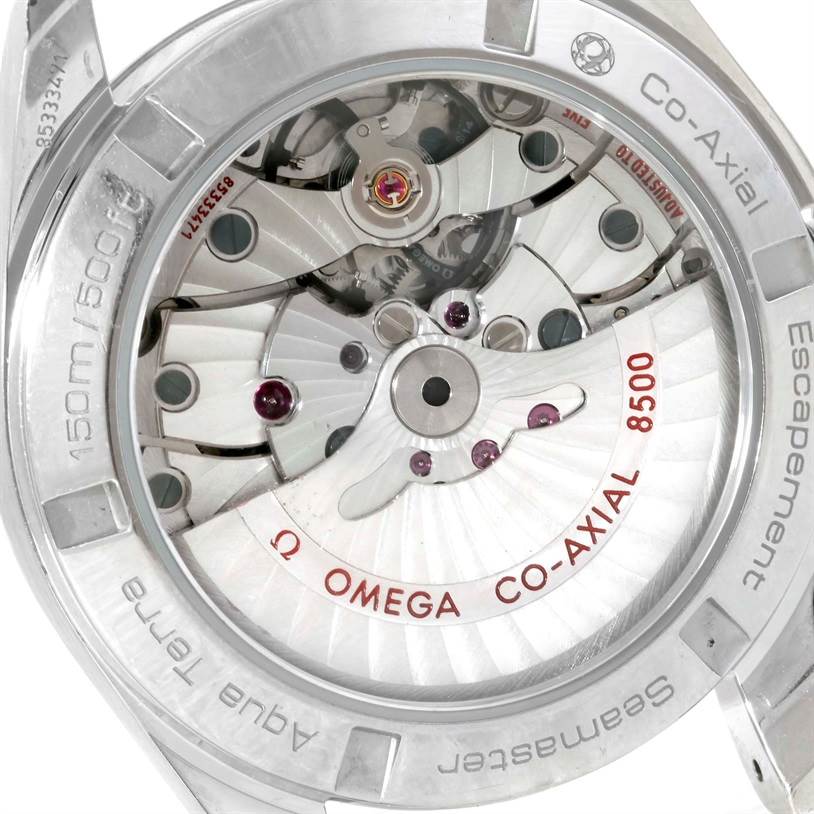 The image shows the back view of the Omega Aqua Terra 231.10.39.21.01.001 Men
s Stainless Steel Black Dial 231.10.39.21.01.001 Men
s Stainless Steel Black Dial watch, highlighting the Co-Axial escapement and the inner workings of the movement.