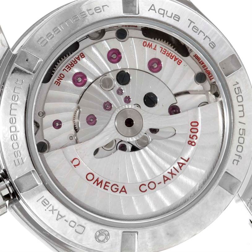 This is a close-up view of the Omega Aqua Terra 231.10.39.21.01.001 Men
s Stainless Steel Black Dial 231.10.39.21.01.001 Men
s Stainless Steel Black Dial
s case back, showing its movement and Co-Axial mechanism.