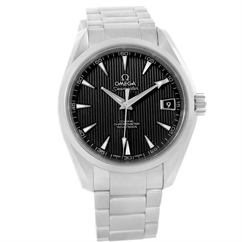 The image shows a front view of the Omega Aqua Terra 231.10.39.21.01.001 Men
s Stainless Steel Black Dial 231.10.39.21.01.001 Men
s Stainless Steel Black Dial Seamaster watch, showcasing its face, bezel, and bracelet.