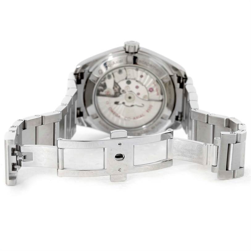 The image shows the back view of an Omega Aqua Terra 231.10.39.21.01.001 Men
s Stainless Steel Black Dial 231.10.39.21.01.001 Men
s Stainless Steel Black Dial watch, highlighting its open clasp and visible movement components.