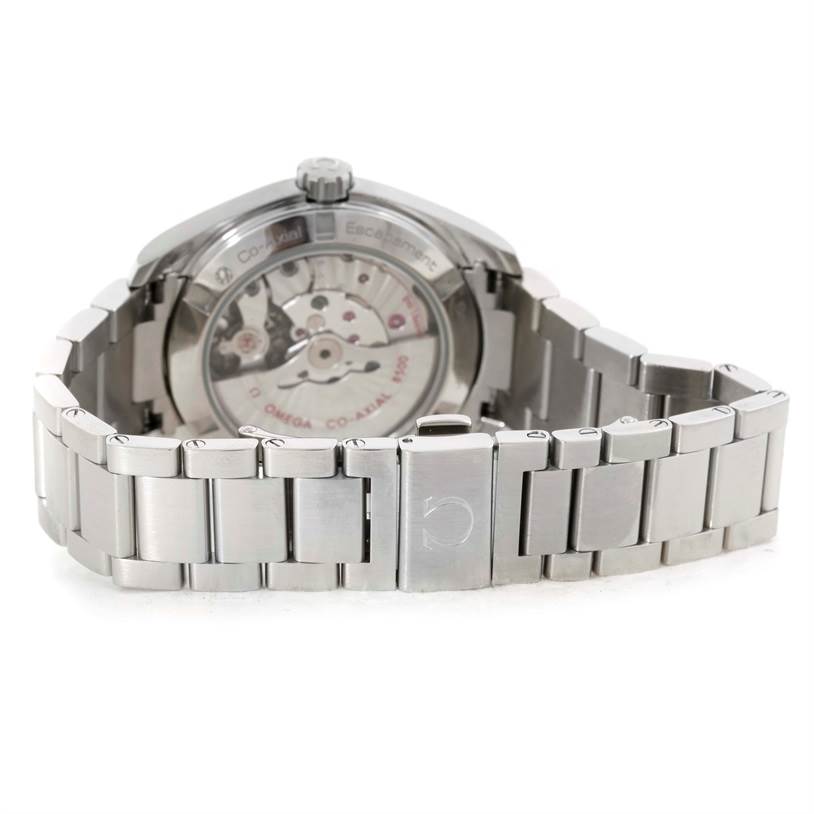 The image shows the open case back and bracelet of the Omega Aqua Terra 231.10.39.21.01.001 Men
s Stainless Steel Black Dial 231.10.39.21.01.001 Men
s Stainless Steel Black Dial watch, highlighting its movement and clasp.