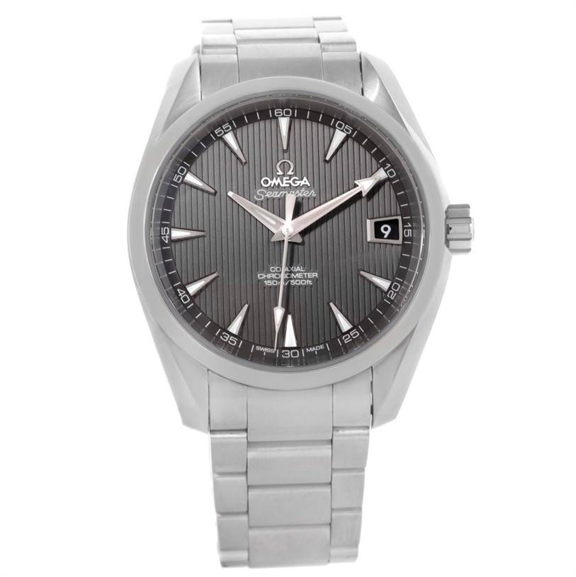 This image shows the front view of the Omega Aqua Terra 231.10.39.21.06.001 Men's Stainless Steel Grey Dial 231.10.39.21.06.001 Men's Stainless Steel Grey Dial watch, highlighting its dial, bezel, case, and bracelet.