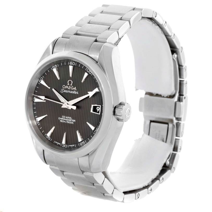 The image shows a side angle of the Omega Aqua Terra 231.10.39.21.06.001 Men's Stainless Steel Grey Dial 231.10.39.21.06.001 Men's Stainless Steel Grey Dial Seamaster watch, displaying the face, bezel, crown, and metal bracelet.