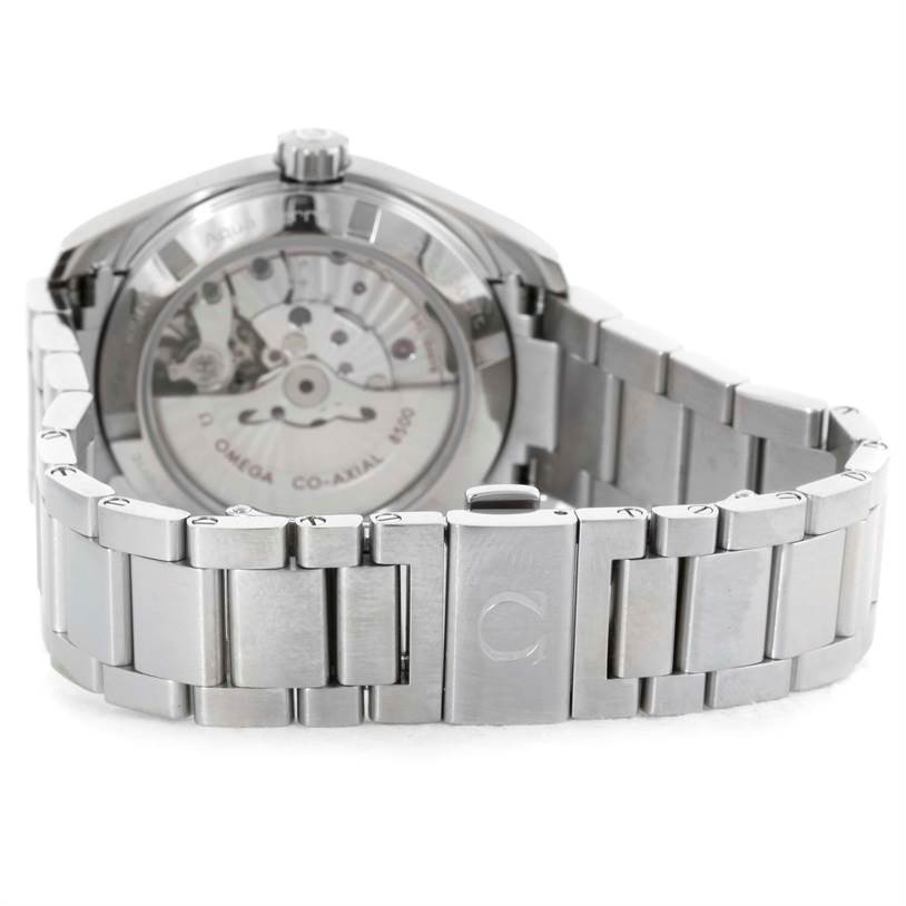 The image shows the back view of the Omega Aqua Terra 231.10.39.21.06.001 Men's Stainless Steel Grey Dial 231.10.39.21.06.001 Men's Stainless Steel Grey Dial watch, highlighting its stainless steel bracelet and exposed movement.