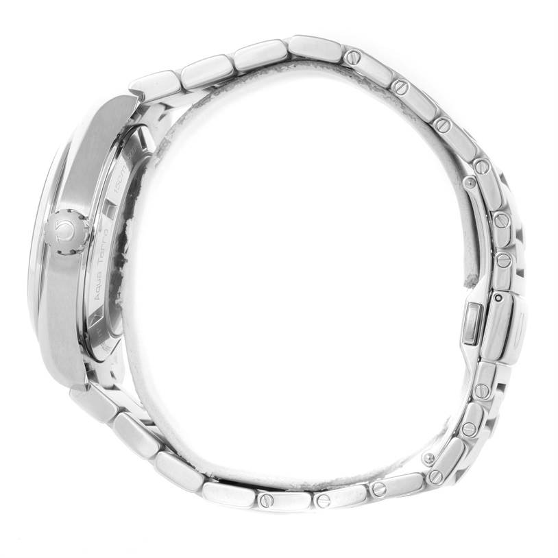 This image shows a side view of the Omega Aqua Terra 231.10.39.21.06.001 Men's Stainless Steel Grey Dial 231.10.39.21.06.001 Men's Stainless Steel Grey Dial watch, highlighting its metal band, crown, and part of the casing.