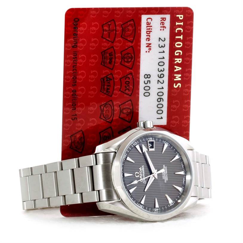 The Omega Aqua Terra 231.10.39.21.06.001 Men's Stainless Steel Grey Dial 231.10.39.21.06.001 Men's Stainless Steel Grey Dial watch is shown from a diagonal angle with the watch face and bracelet fully visible, along with its authenticity card.