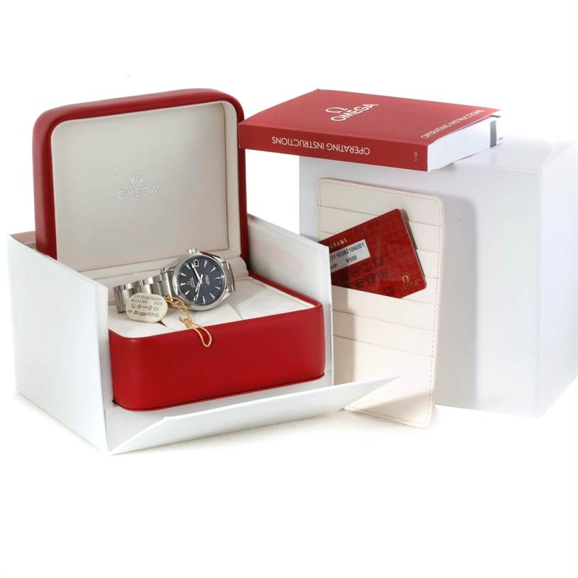 The image shows an Omega Aqua Terra 231.10.39.21.06.001 Men's Stainless Steel Grey Dial 231.10.39.21.06.001 Men's Stainless Steel Grey Dial watch in its red box, with manuals and authenticity cards beside it.