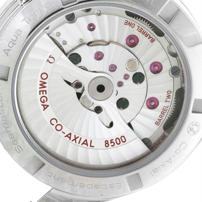 The image shows the back view of the Omega Aqua Terra 231.10.39.21.06.001 Men's Stainless Steel Grey Dial 231.10.39.21.06.001 Men's Stainless Steel Grey Dial watch, revealing its Co-Axial 8500 movement.