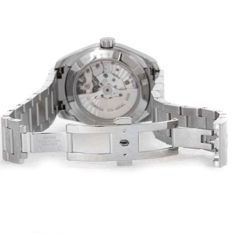 The image shows the back of an Omega Aqua Terra 231.10.39.21.06.001 Men's Stainless Steel Grey Dial 231.10.39.21.06.001 Men's Stainless Steel Grey Dial watch, highlighting the transparent case back and the metal bracelet with the clasp open.