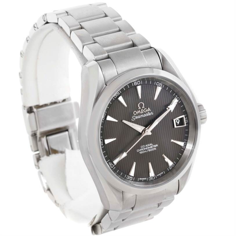 The Omega Aqua Terra 231.10.39.21.06.001 Men's Stainless Steel Grey Dial 231.10.39.21.06.001 Men's Stainless Steel Grey Dial watch is shown at an angle highlighting the dial, date window, bezel, and stainless steel bracelet.