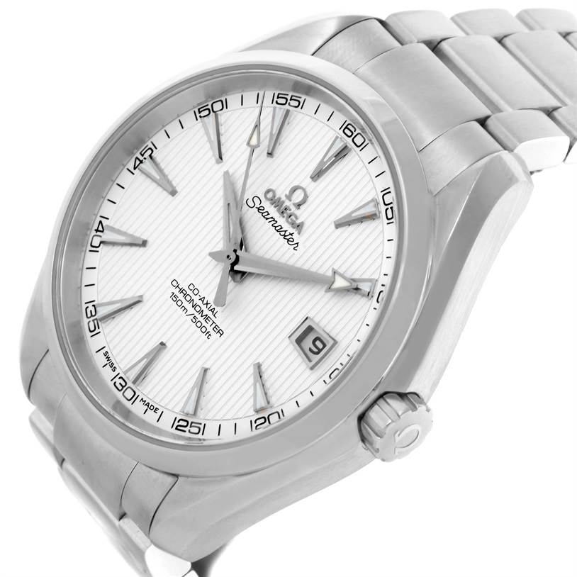 The Omega Aqua Terra 231.10.42.21.02.001 Men
s Stainless Steel Silver Dial 231.10.42.21.02.001 Men
s Stainless Steel Silver Dial watch is shown from an angled view, highlighting the face, bezel, crown, and part of the bracelet.