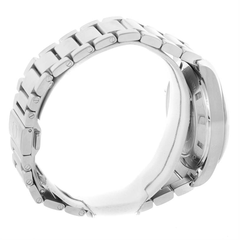 The image shows a side view of the Omega Aqua Terra 231.10.42.21.02.001 Men
s Stainless Steel Silver Dial 231.10.42.21.02.001 Men
s Stainless Steel Silver Dial watch, focusing on the stainless steel bracelet and partial case back.