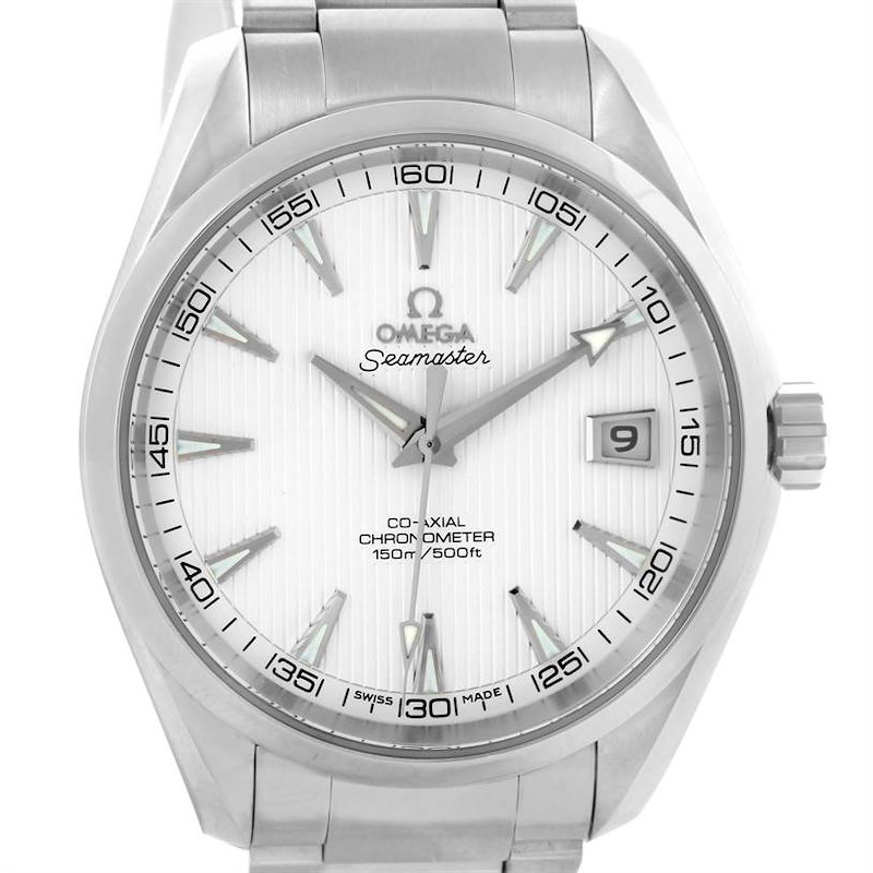 This image shows a front view of the Omega Aqua Terra watch, displaying the dial, hands, date window, and part of the band.