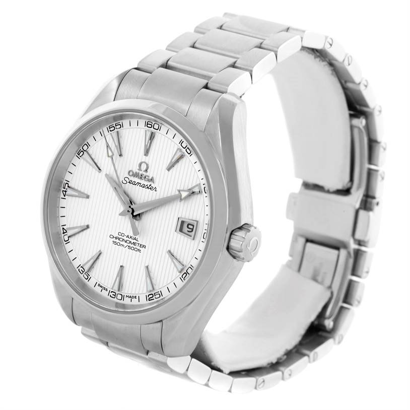 The image shows an Omega Aqua Terra 231.10.42.21.02.001 Men
s Stainless Steel Silver Dial 231.10.42.21.02.001 Men
s Stainless Steel Silver Dial watch at a three-quarter angle, displaying its face, case, and metal bracelet.