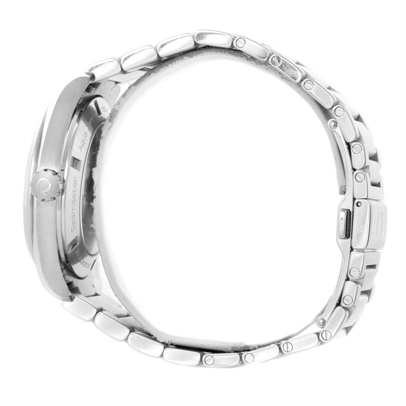 This image shows a side profile of the Omega Aqua Terra 231.10.42.21.02.001 Men
s Stainless Steel Silver Dial 231.10.42.21.02.001 Men
s Stainless Steel Silver Dial watch, highlighting its metal bracelet and case.