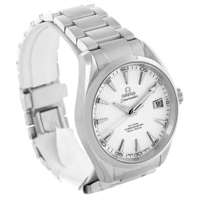 The image shows an Omega Aqua Terra 231.10.42.21.02.001 Men
s Stainless Steel Silver Dial 231.10.42.21.02.001 Men
s Stainless Steel Silver Dial watch at a three-quarter angle, highlighting the watch face, hands, date display, and bracelet.