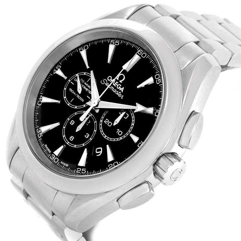 The Omega Aqua Terra 231.10.44.50.01.001 Men
s Stainless Steel Black Dial 231.10.44.50.01.001 Men
s Stainless Steel Black Dial watch is shown from a front angled view, highlighting the black dial, chronograph subdials, crown, and metal bracelet.