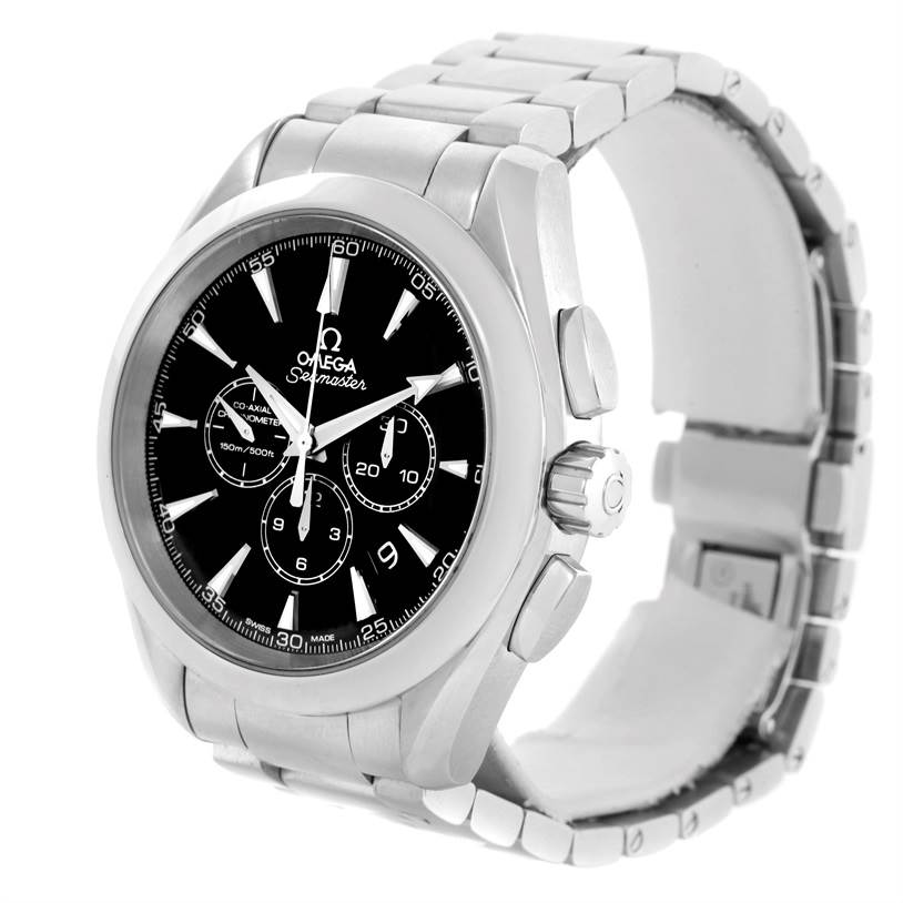 This image shows an Omega Aqua Terra 231.10.44.50.01.001 Men
s Stainless Steel Black Dial 231.10.44.50.01.001 Men
s Stainless Steel Black Dial watch from an angled perspective, highlighting the dial, bezel, crown, and bracelet.