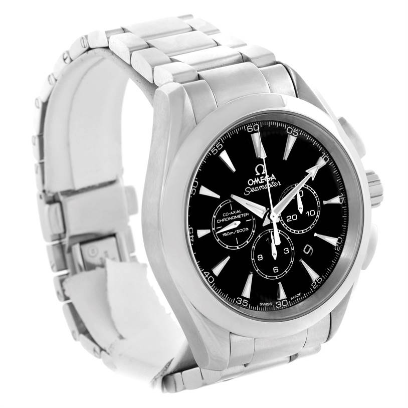 The image shows the front and side view of an Omega Seamaster Aqua Terra watch with a stainless steel band and black dial.