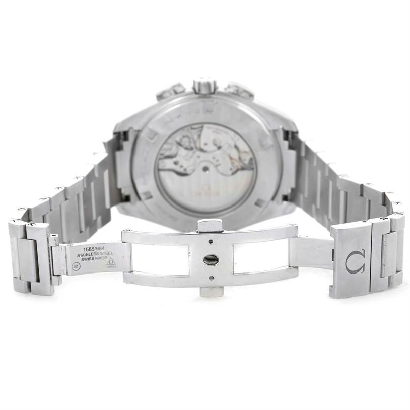 This image shows the back view of an Omega Aqua Terra 231.10.44.50.01.001 Men
s Stainless Steel Black Dial 231.10.44.50.01.001 Men
s Stainless Steel Black Dial watch, highlighting the stainless steel bracelet and clasp.