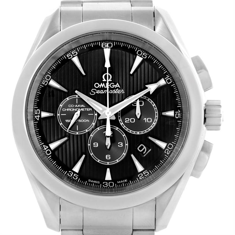 This image shows a front view of the Omega Aqua Terra 231.10.44.50.01.001 Men
s Stainless Steel Black Dial 231.10.44.50.01.001 Men
s Stainless Steel Black Dial watch, highlighting its dial, hands, chronograph subdials, and bracelet.