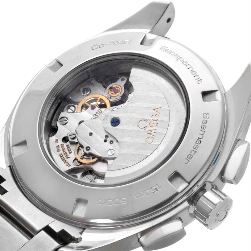 The image shows the Omega Aqua Terra 231.10.44.50.01.001 Men
s Stainless Steel Black Dial 231.10.44.50.01.001 Men
s Stainless Steel Black Dial watch
s case back, revealing its movement and inner mechanisms.