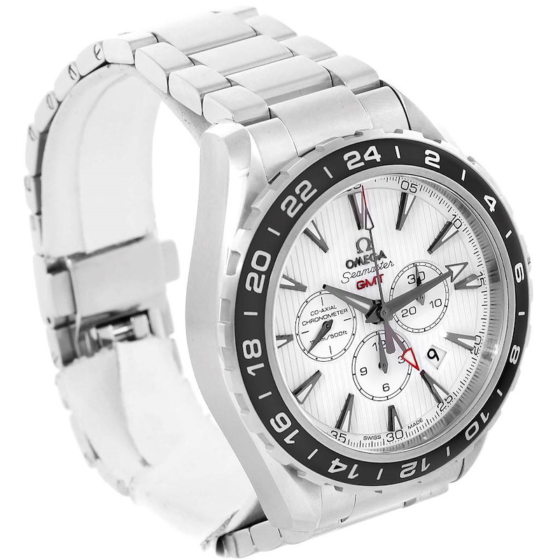 The image displays an Omega Aqua Terra watch, showing the face, bezel, and partial bracelet at a three-quarter angle.