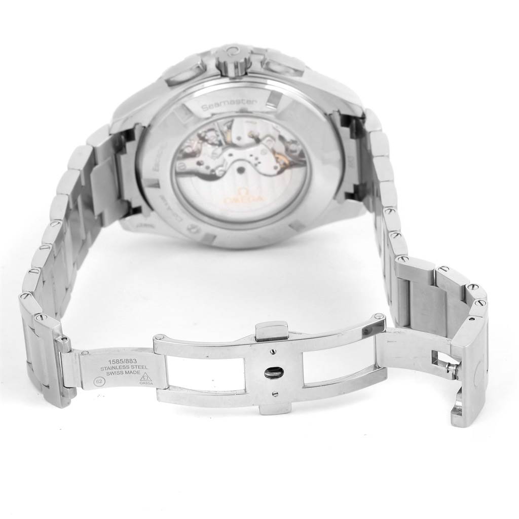 This image displays the back of the Omega Aqua Terra 231.10.44.52.04.001 Men's Stainless Steel White Dial 231.10.44.52.04.001 Men's Stainless Steel White Dial watch, highlighting the stainless steel bracelet and deployment clasp.