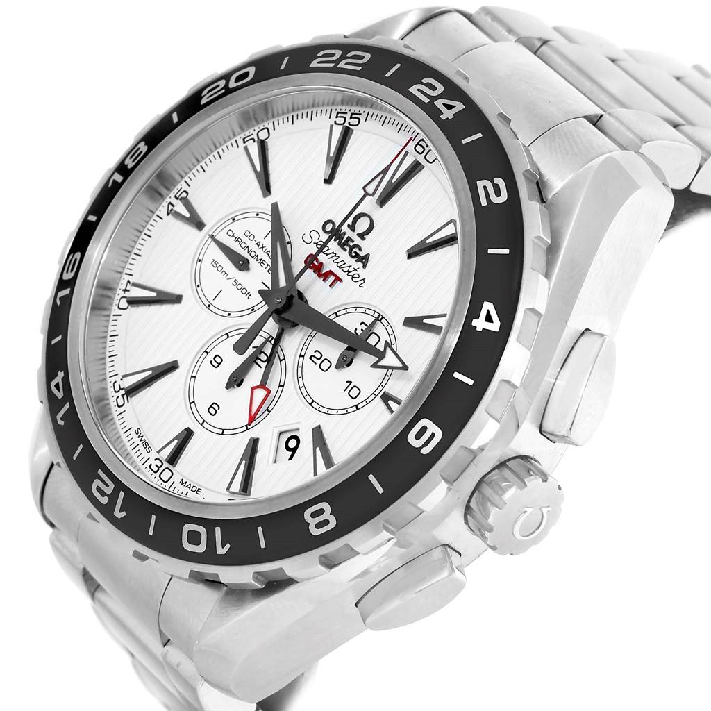 The image shows a close-up angle of an Omega Aqua Terra 231.10.44.52.04.001 Men's Stainless Steel White Dial 231.10.44.52.04.001 Men's Stainless Steel White Dial watch, highlighting the dial, bezel, crown, and part of the bracelet.