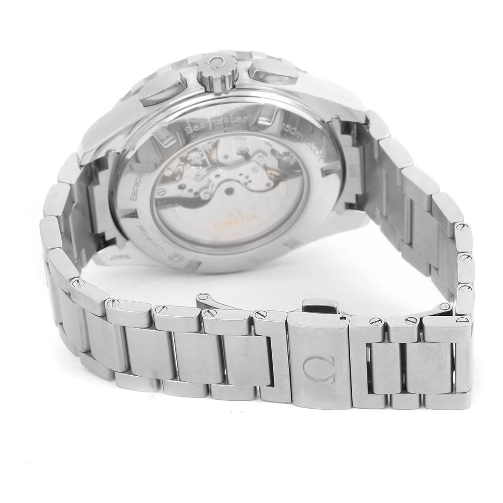 The image shows the back view of the Omega Aqua Terra 231.10.44.52.04.001 Men's Stainless Steel White Dial 231.10.44.52.04.001 Men's Stainless Steel White Dial watch, highlighting its metal bracelet and exhibition case back.